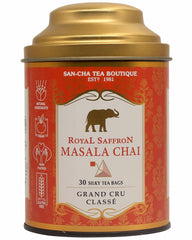 San-Cha Tea Boutique Royal Saffron Masala Chai - 60gm, 2.1 Ounce, 30 Silky Pyramid Tea Bags | Blend Of Real Kashmir Saffron With Cardamom - Ginger & Cinnamon Kesar Chai | Medium Caffeine