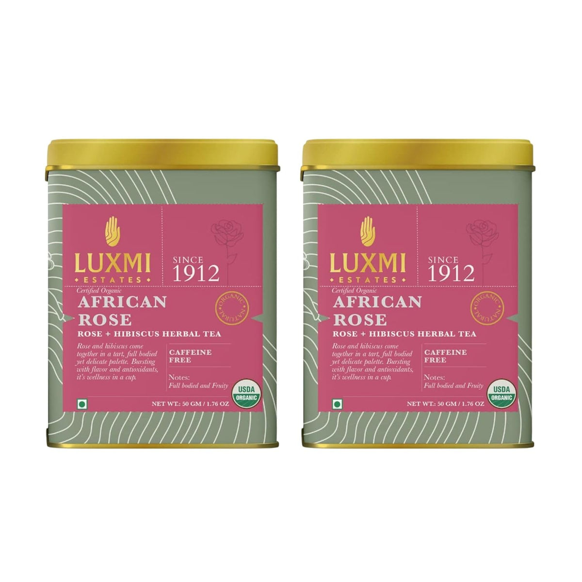 Luxmi Estates African Rose + Hibiscus Herbal Tea Pack Of 2 - 50gm Tin, 1.7 Ounce | USDA Certified Organic Tea - Caffeine Free Herbal Tea Bags | Rich In Antioxidants, Additives Free