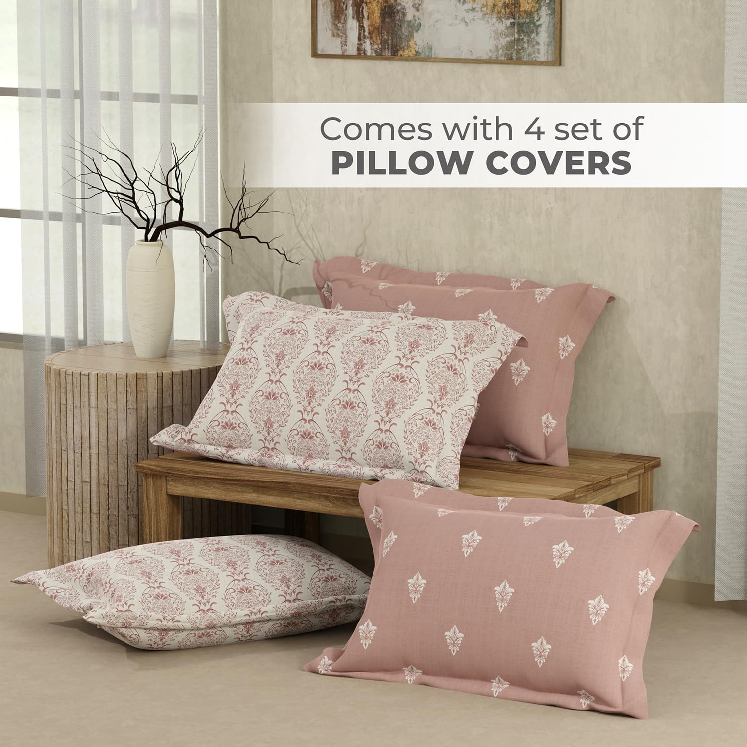 Printed Cotton Bedsheet Set With 4 Pillow Covers - 108x108 Inches, Pink | Ideal For Resorts, Guest Houses, & Daily Home Use-King Size Double Bed