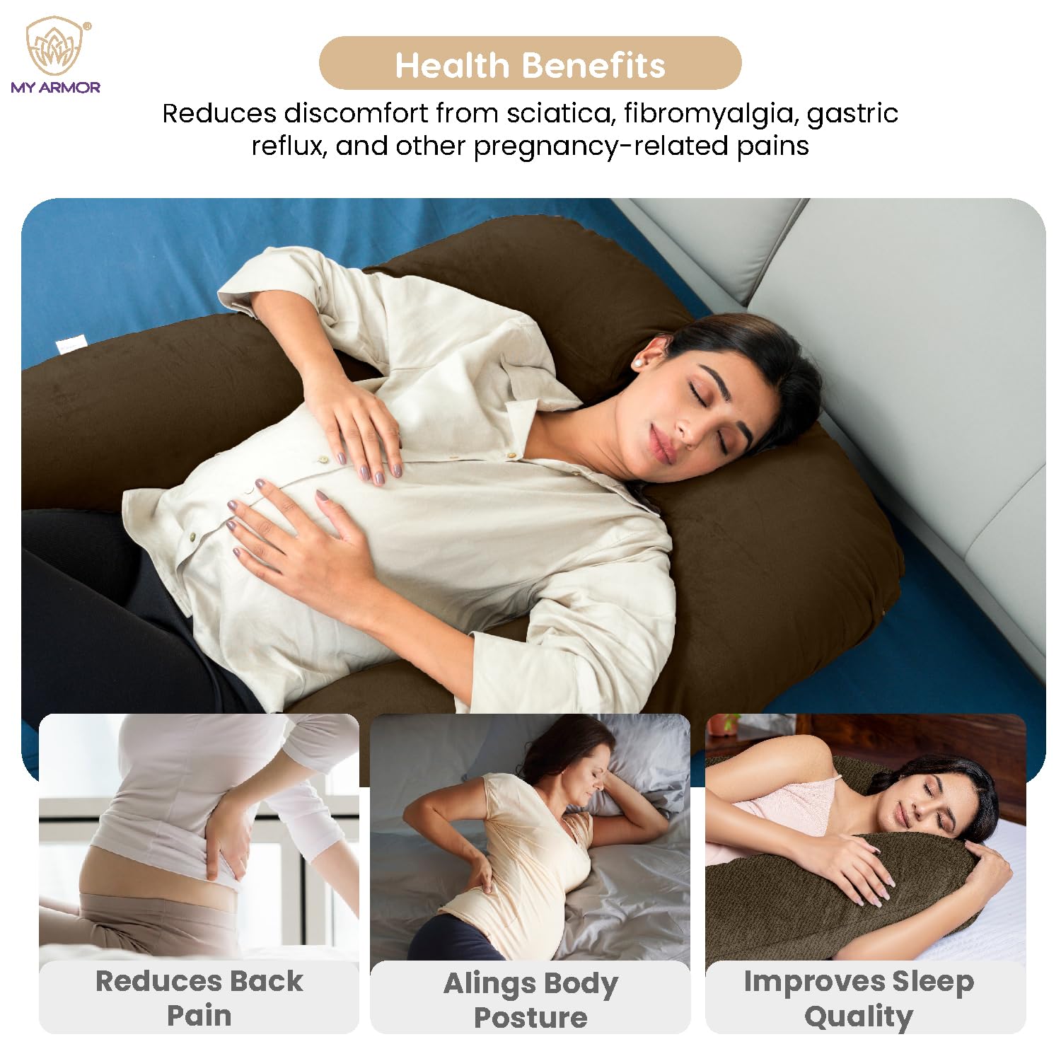 Full Body J Shape Pregnancy Pillow For Women, Maternity Pillow, Brown Color | Pillow Gift For Pregnancy Sleeping, Premium Velvet Cover With Zip | Adjustable & Washable Pillow