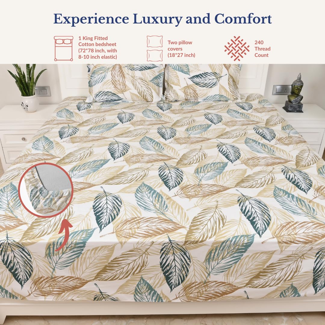 Elastic Fitted Bedsheet Double With 2 Pillow Covers - 72 × 78 X 8 Inches, Beige & Grey | Durable, Fade Resistant & Easy-Care Pure Cotton