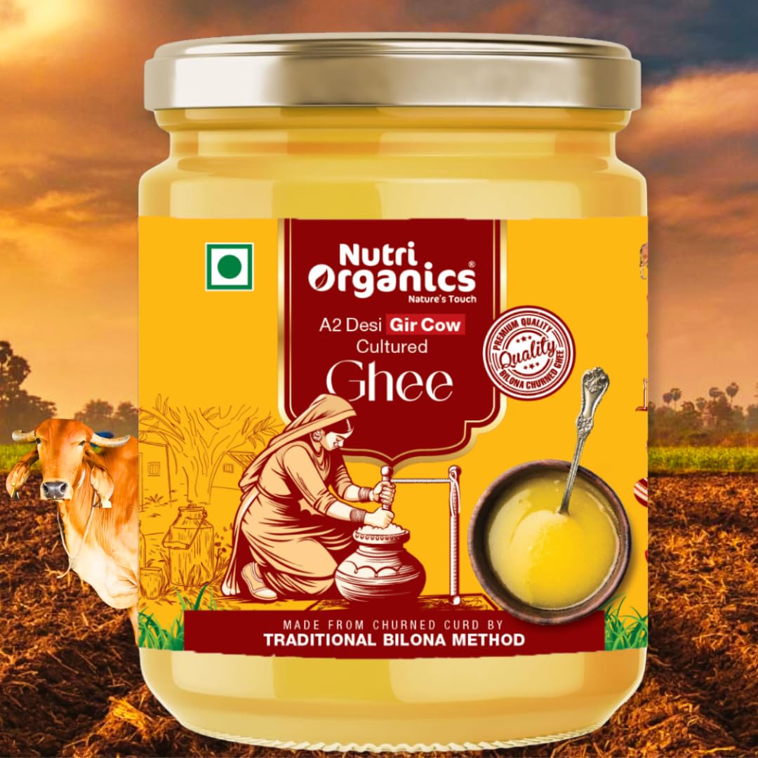 Organic Natural A2 Desi Gir Cow Ghee By Nutri Organics | Pure Aroma, Natural & Healthy Danedar Ghee Good For Bones Health | (500ml) 16.9 Ounce | Jar Pack