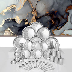 Designer Stainless Steel Delight Laser Bloom Leaf Dinner Set Of 36 Pieces, Silver | 6 Dinner Plates+ 6 Side Plates+ 6 Glasses+ 6 Bowls+ 6 Dessert Spoons+ 6 Dessert Fork