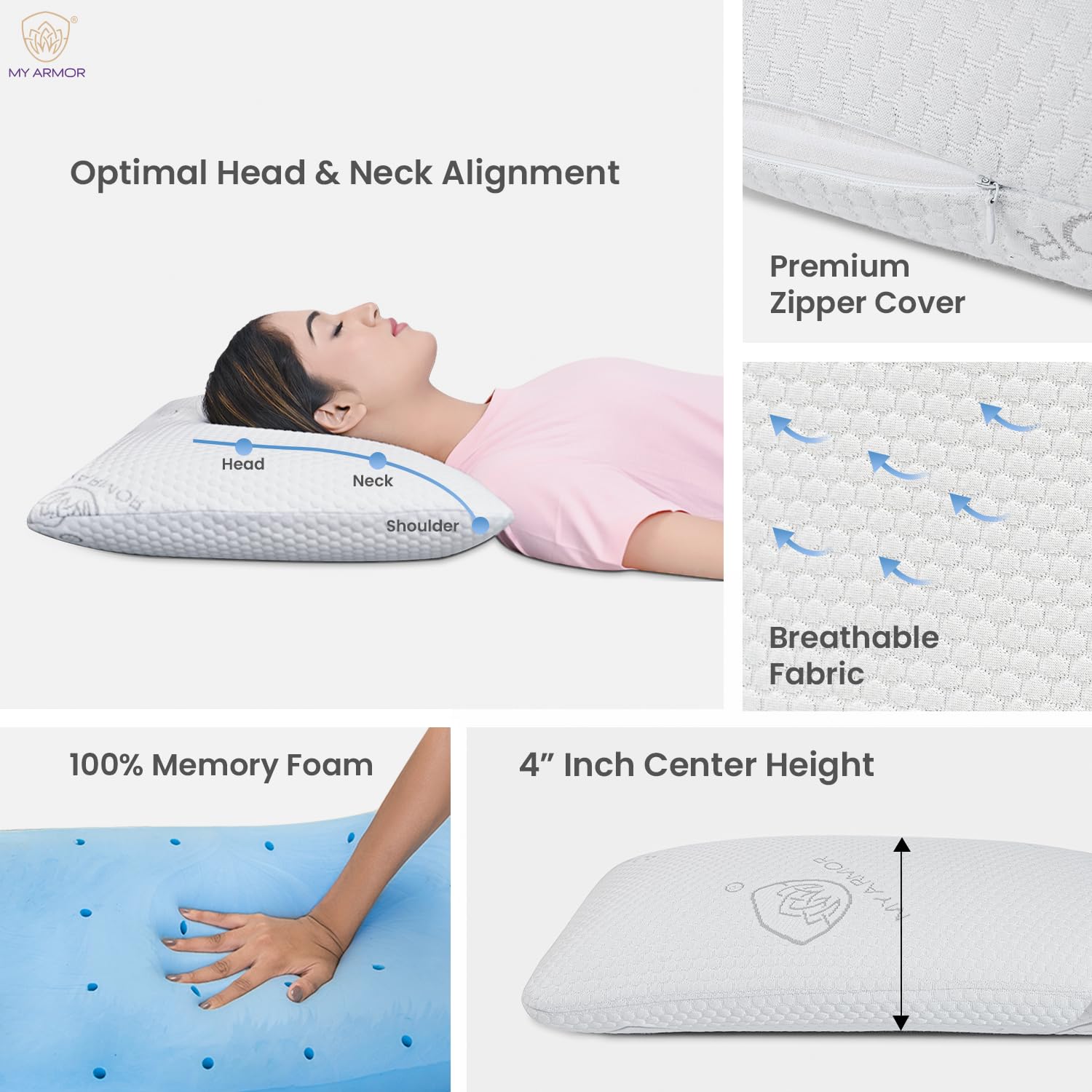 Memory Foam Pillow, Thin Size With Cooling Crystal, White - 4 Inch | Ortho Pillow For Sleeping, With Removable Breathable Cover | Portable, Lightweight, Adjustable - Pack Of 1