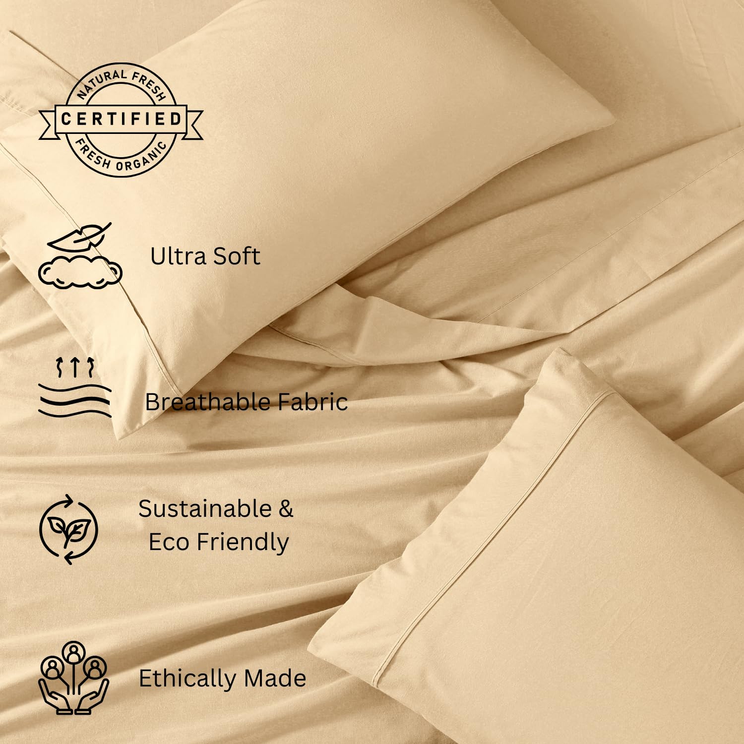 1 Elastic Fitted Bedsheet For Super King Size & 2 Pillow Cover - 72 X 78 Inches, Beige | Durable & Fade Resistant | Pure Comfort Of Organic Cotton