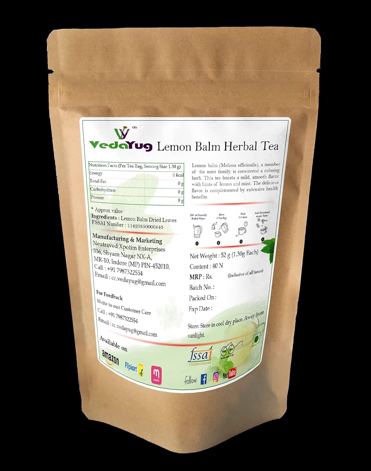 VedaYug Lemon Balm Herbal Tea - 40 Tea Bags, 52gm, 1.8 Ounce | Rich Flavor & Fragrance, Eco-Friendly Bag - Caffeine Free, No Additives