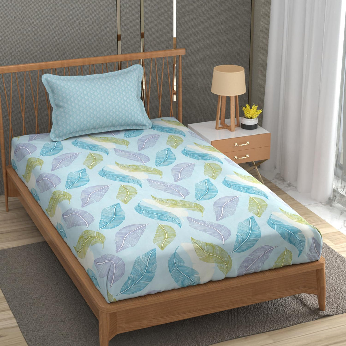 Soft Cotton Single Size Bedsheet With 1 Pillow Cover | 60 X 90 Inches, Aqua | Anti-Fade Printed Design | 200 Thread Count