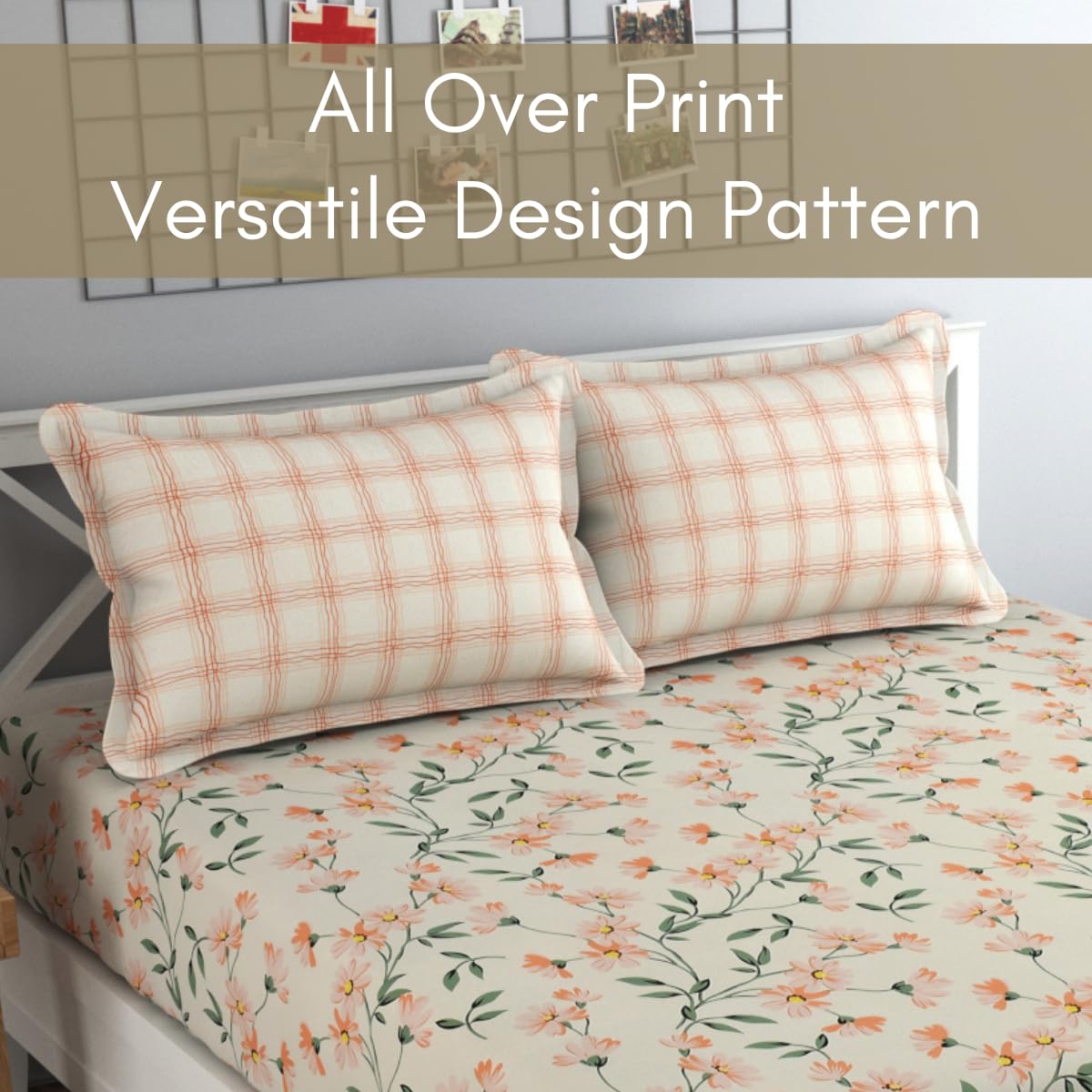 Bedsheet For Queen Size Bed With 2 Pillow Covers - 90 X 100 Inches, Cream & Green | Soft, Breathable, Wrinkle Free & Fade Resistant