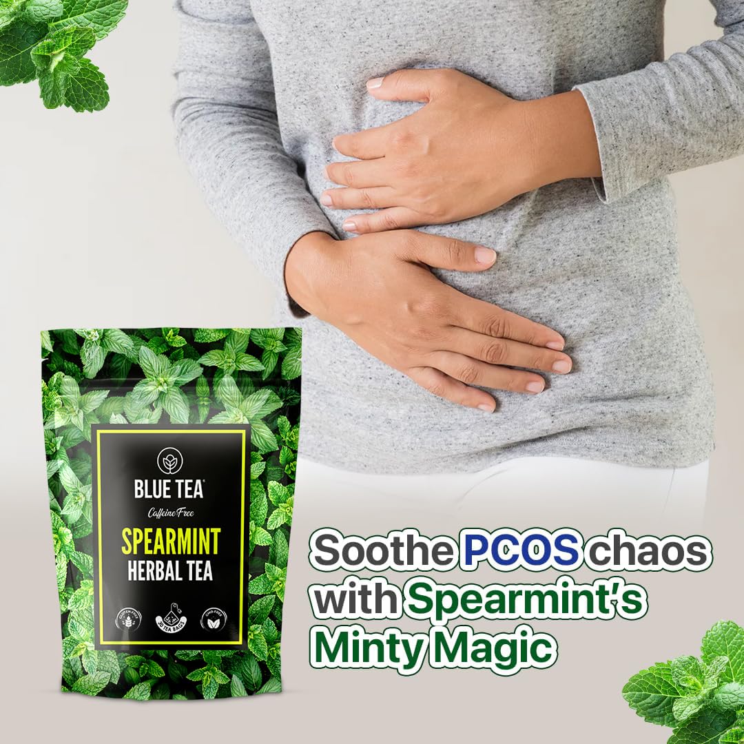 Blue Tea Spearmint Herbal Tea - 30 Tea Bags, Zipper Packaging | Reduces Facial Hair, Balances Hormones, Supports Digestion - Caffeine Free Dried Loose Leaf