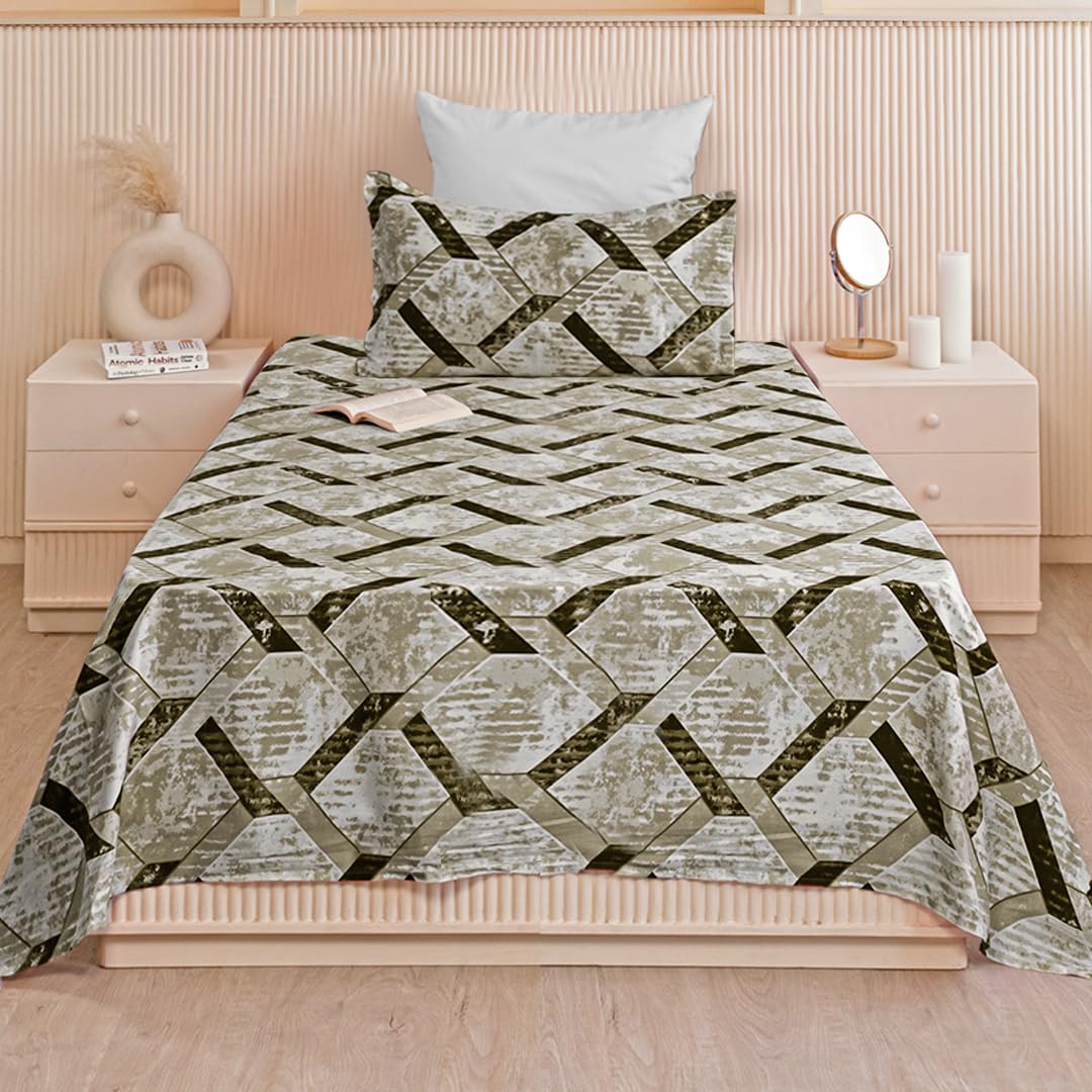 Luxurious Printed Flat Bedsheets With 1 Pillow Cover - 60 X 90 Inches, Olive Green | Breathable & Wrinkle Free | Soft & Durable
