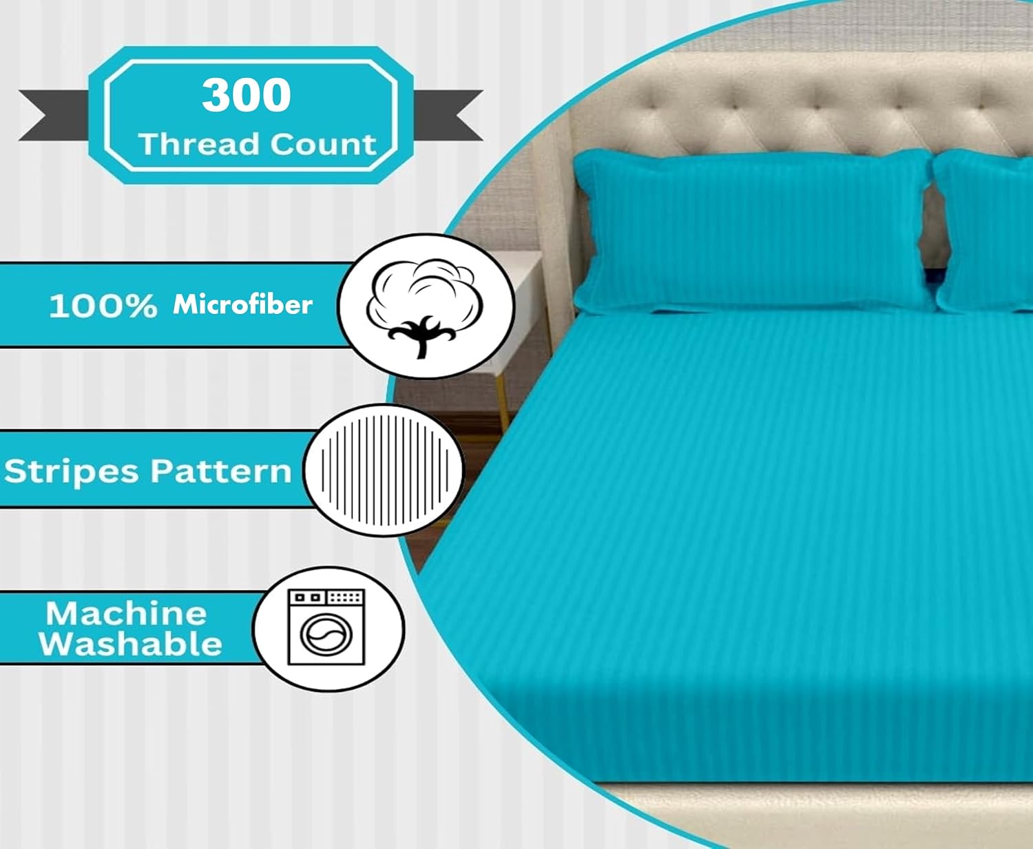 Striped Aqua Bedsheet For King Size With 2 Pillow Cover (90 X 95 Inches) | Softer & Durable For All Season | Ideal For Daily Use Home Bedsheet