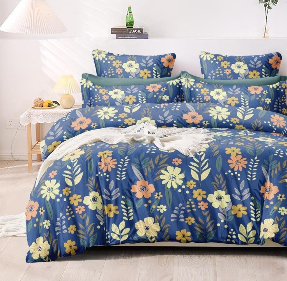Double Bedsheet For King Size With 2 Matching Pillow Covers - 108 X 108 Inches, Dark Blue | Glace Cotton Printed Bedsheet Lightweight, Soft & Smooth - Ideal For Home, Guest House