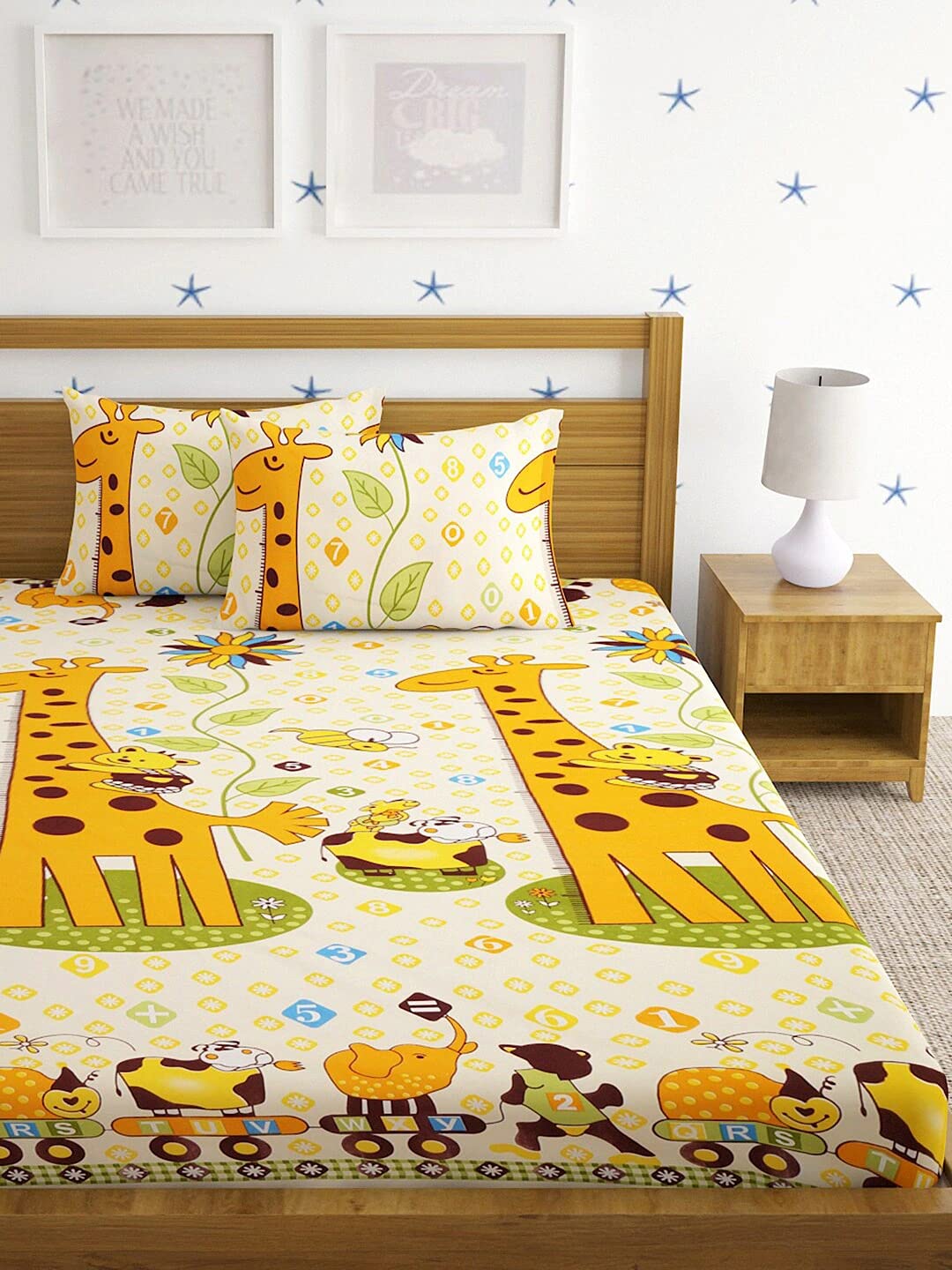 Microfiber Kids Giraffe Elastic Fitted Double Bedsheet With 2 Pillow Covers | 90 X 90 Inches, Yellow | Normal Hand Wash Or Machine Wash