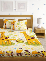 Microfiber Kids Giraffe Elastic Fitted Double Bedsheet With 2 Pillow Covers | 90 X 90 Inches, Yellow | Normal Hand Wash Or Machine Wash
