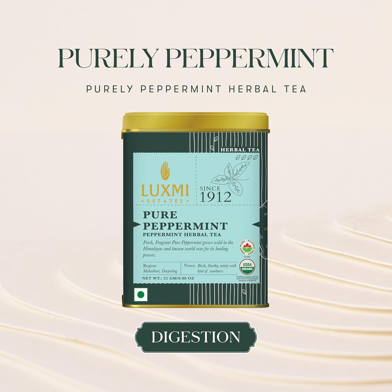 Luxmi Estates Pure Peppermint Herbal Tea - 25gm Tin, 0.8 Ounce | USDA Certified Organic Tea - Caffeine Free Herbal Tea | Rich In Antioxidants, Additives Free - Mint Tea Best For Night Time