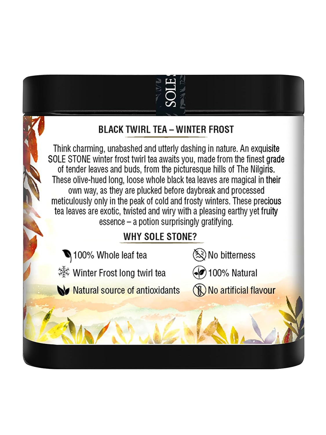 Sole Stone Winter Frost Black Twirl Tea - 100gm, 3.5 Ounce, 40 Cups | Enhances Relaxation & Wellness - Rich In Antioxidants, 0% Bitterness, Low Caffeine | 100% Natural Whole Leaf Tea