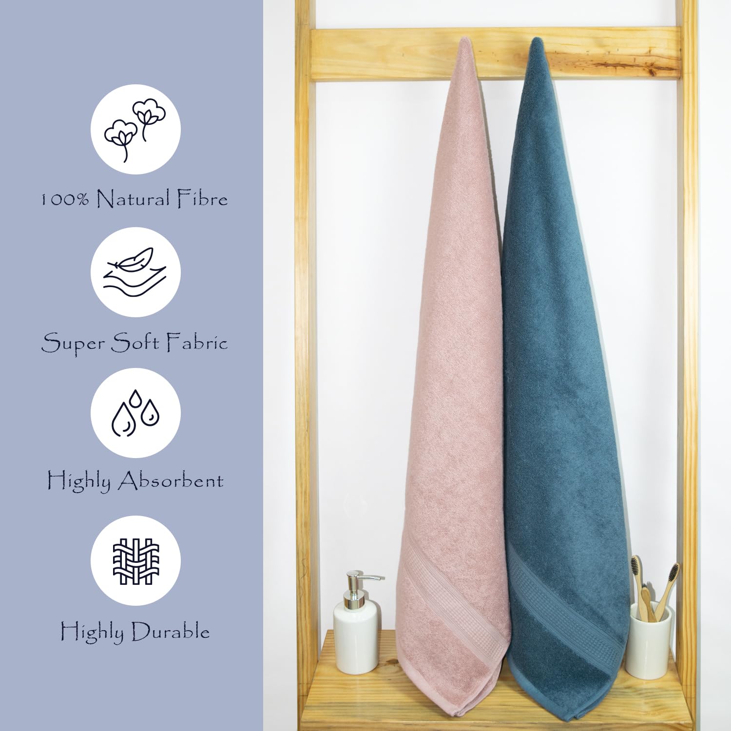 Rangoli 100% Cotton Fibre Bath Towel 1000 Gsm | Highly Durable & Super Absorbent Towel | Skin-Friendly & Quick Drying Luxury Towels (Peach & Blue) - Pack Of 2