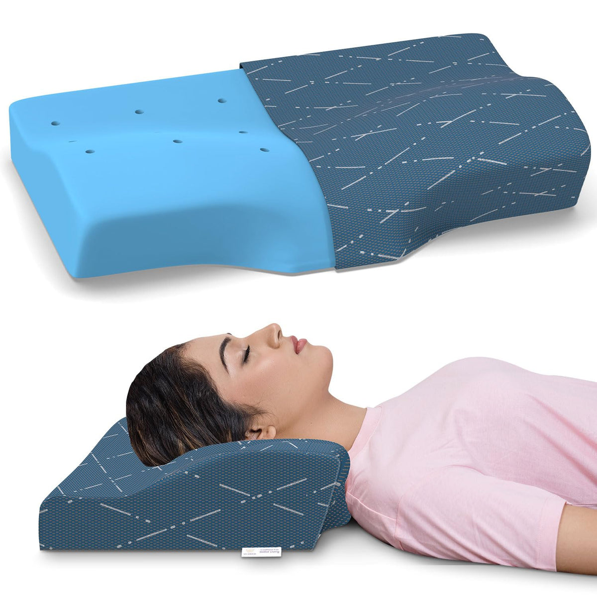 Cool Gel Cervical Pillow For Spondylitis Neck, Orthopedic Design, Memory Foam Pillow, Blue Checks Cover, Size - 18.5 X 11 X 3.5 Inches, Sleeping Contour Support, Regular Use - 1 Pillow