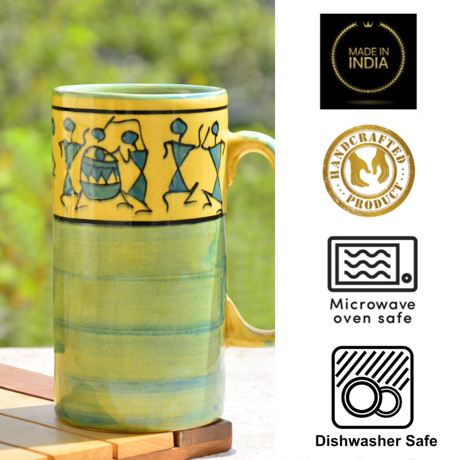 Ceramic Hand-Painted Worli Art Tall Beer Mugs Set Of 2 - 450ml Each, Green & Golden | Large Beer Glasses - Big Milk Mugs