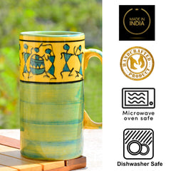 Ceramic Hand-Painted Worli Art Tall Beer Mugs Set Of 2 - 450ml Each, Green & Golden | Large Beer Glasses - Big Milk Mugs