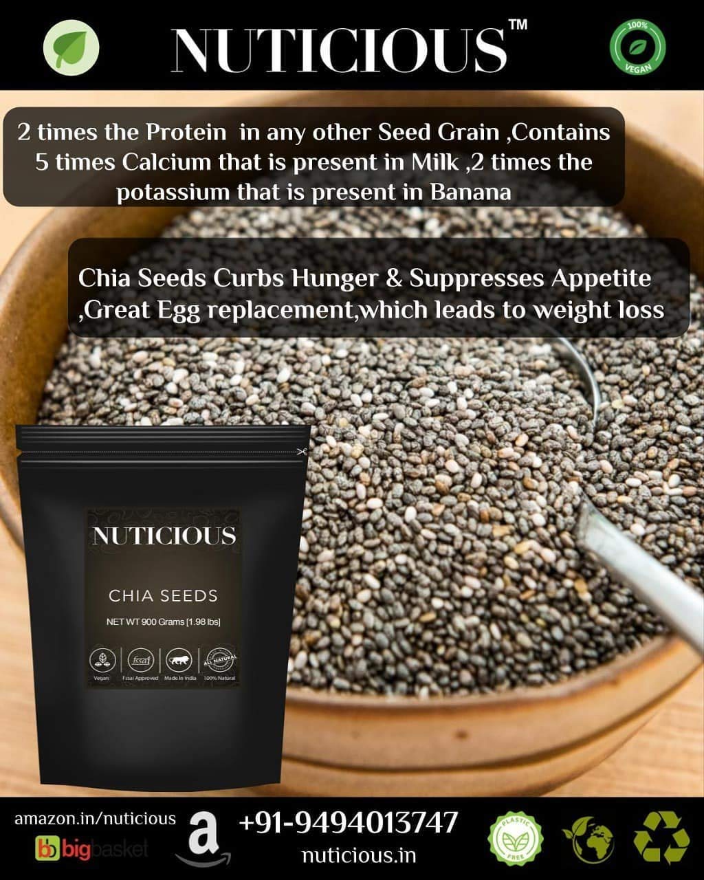 Nuticious Organic Chia Seeds, Gluten Free & 100% Vegan, Plant Based Protein, Highly Nutritious & Source Of Essential Macronutrient | 450gm 0.9lbs