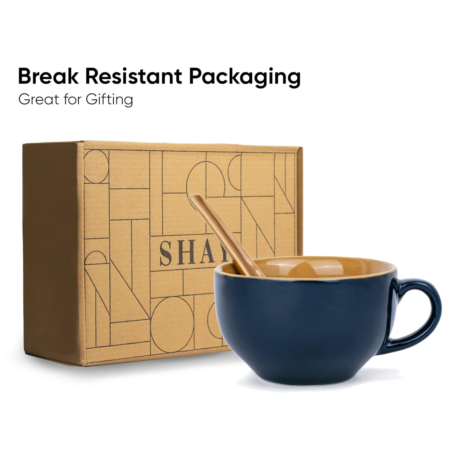 Ceramic Soup Bowl Set With Spoon Set Of 2 - Persian Blue, 350ml Each | Soup Mug - Soup Cup | 2 Soup Bowls + 2 Soup Spoons | Glossy Finish Ceramic Soup Bowls - Microwave Safe Soup Cup Set