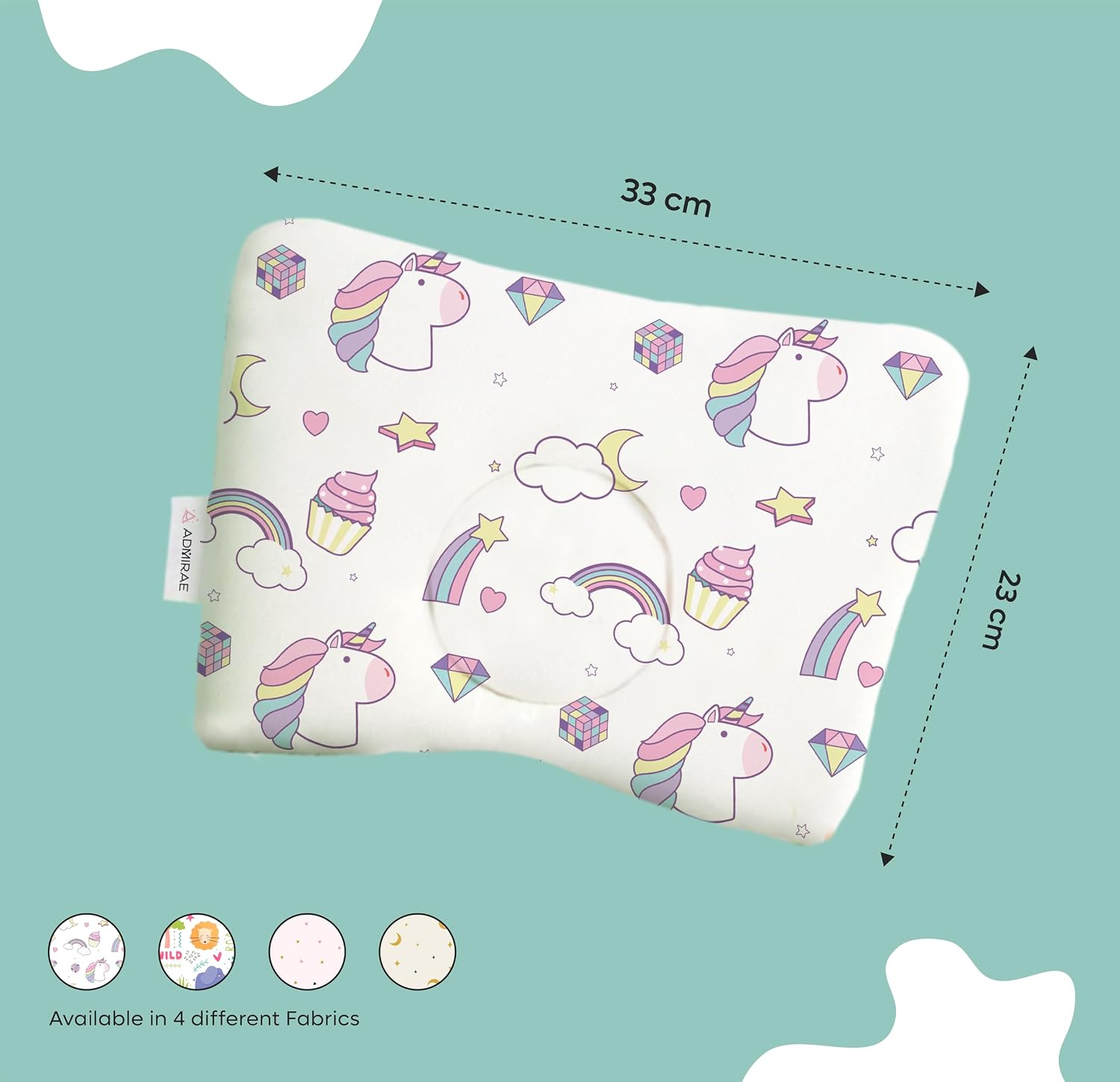 Premium Head Shaping Memory Foam Pillow, Unicorn Print, White - 33 X 23 X 4 Cm | Ultra-Soft & Breathable Fabric Pillow | Lightweight & Portable, Rectangle Deigns, Baby Pillow