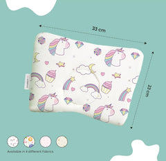 Premium Head Shaping Memory Foam Pillow, Unicorn Print, White - 33 X 23 X 4 Cm | Ultra-Soft & Breathable Fabric Pillow | Lightweight & Portable, Rectangle Deigns, Baby Pillow