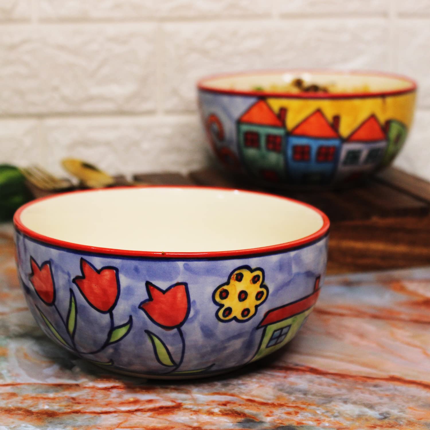 Exotic Panorama Hand Painted Ceramic Dinner Set - 10 Pieces, Multicolor | 4 Dinner Plates + 4 Katori Bowls, 180ml Each+ 2 Serving Bowls, 800ml Each Dinnerware Set | Serving For 4, Microwave Safe