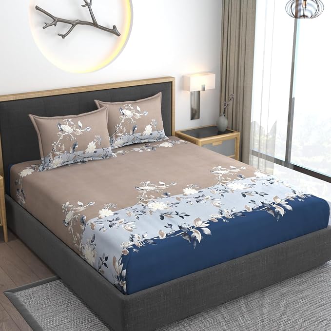 Cotton Bedsheets Feel Glace All Around Elastic Fitted Floral Bedsheets King Size - 78 X 72 X 10 Inches, Navy | Premium Super Soft Fitted Bedsheet For Double Bed