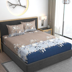 Cotton Bedsheets Feel Glace All Around Elastic Fitted Floral Bedsheets King Size - 78 X 72 X 10 Inches, Navy | Premium Super Soft Fitted Bedsheet For Double Bed