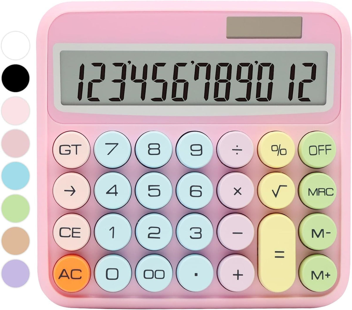 Arsenio New Colorful Mechanical Cute 12 Digit Large LCD Display Big Round Button Calculator Easy To Press With Battery & Solar For School Office Business Home (Multicolor) (Design-04)