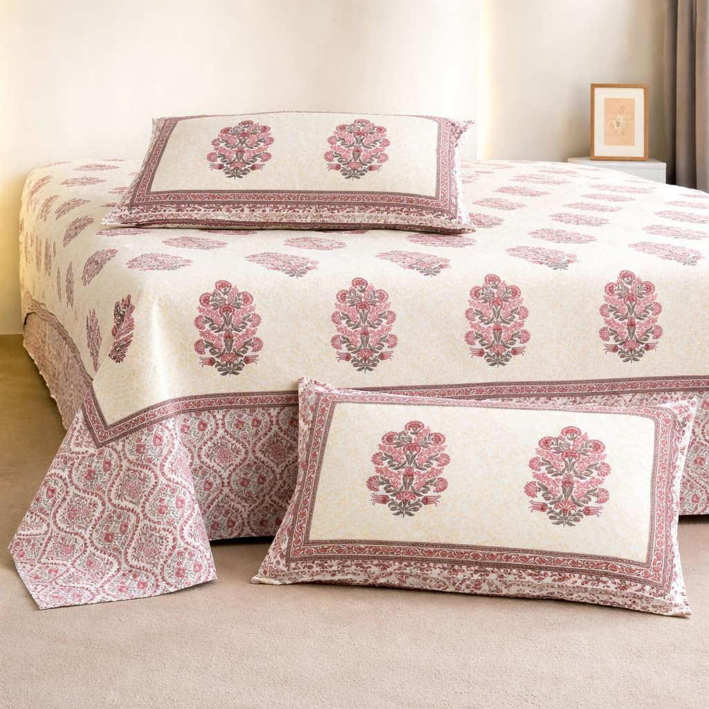 Jaipuri Cotton Bedsheet For King Size With 2 Pillow Covers | 90 X 108 Inches, Cream & Red | Ultra-Soft & Skin-Safe | Breathable Summer Comfort