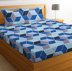 100% Cotton Bedsheet For Double Bed With 2 Pillow Covers Breathable - 90 X 100 Inches, Blue & Grey | Wrinkle Free & Soft Touch Summer Bedsheet Top Sheet