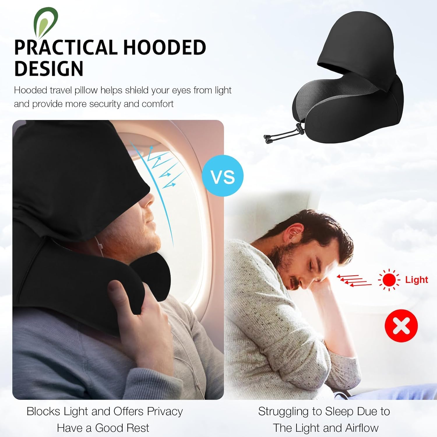 Travel Pillow For Neck Memory Foam, Hooded Travel Neck Pillow For Adults, Black | Medium Size, Comfortable Neck Pillow For Travel With Hoodie, Flight Pillow, Airplane Pillow, Plane Car Use