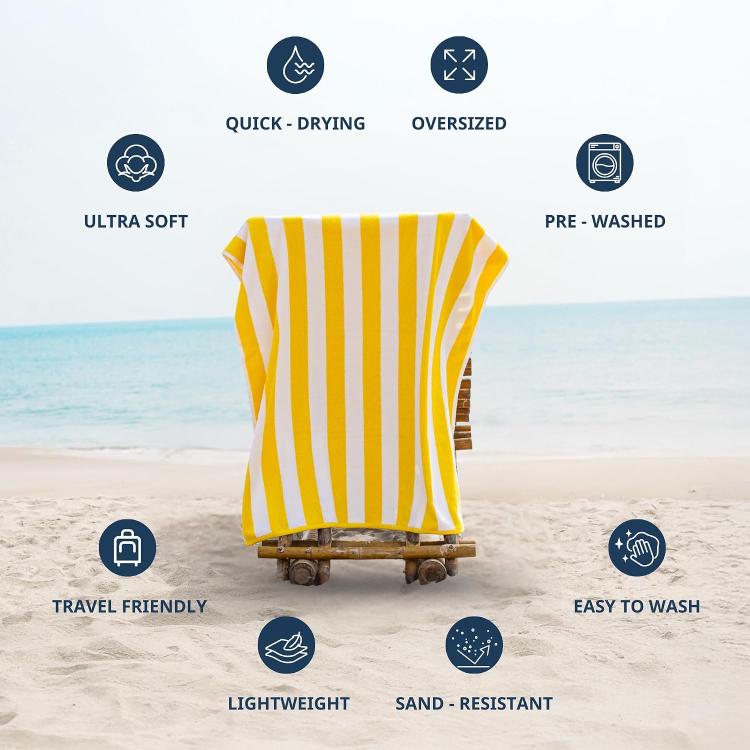 Lane Linen 100% Cotton Large Bath Towels 1000 Gsm | Cabana Stripe Bathroom Towels | Highly Absorbent, Soft & Quick Dry Towels - Yellow (Pack Of 2)