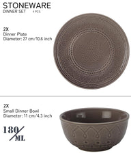 Handcrafted Stoneware Embossed Ceramic Dinner Set Of 4 Pcs - Ash Grey | 2 Dinner Plates + 2 Small Dinner Bowls, 180ml Each - Microwave & Dishwasher Safe