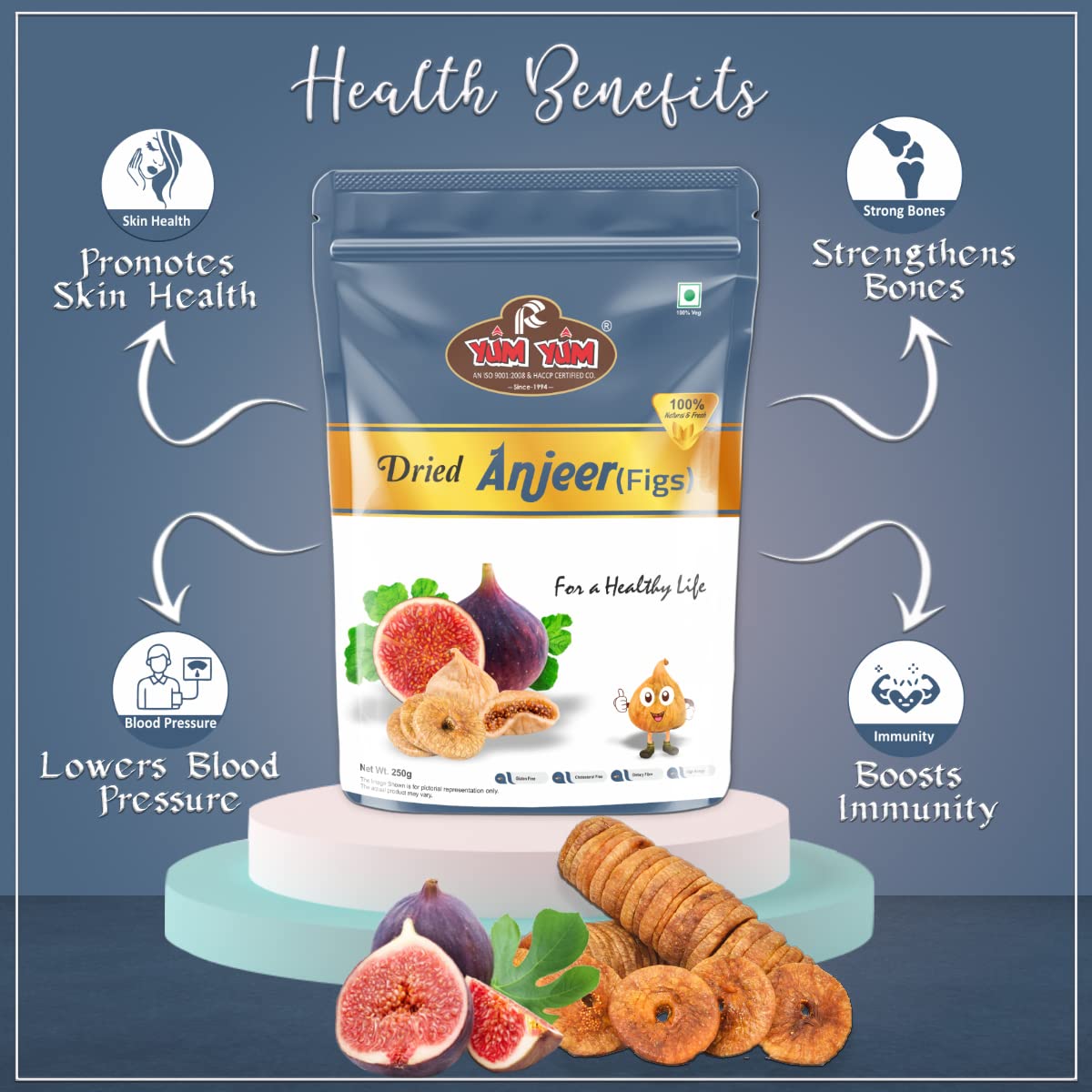 Premium Dried Afghani Anjeer By Yum Yum 1kg, (250gm* Pack Of 4) | Rich Source Of Fibre | Vitamins Calcium & Iron | Low In Calories And Fat Free | 35.2 Ounce