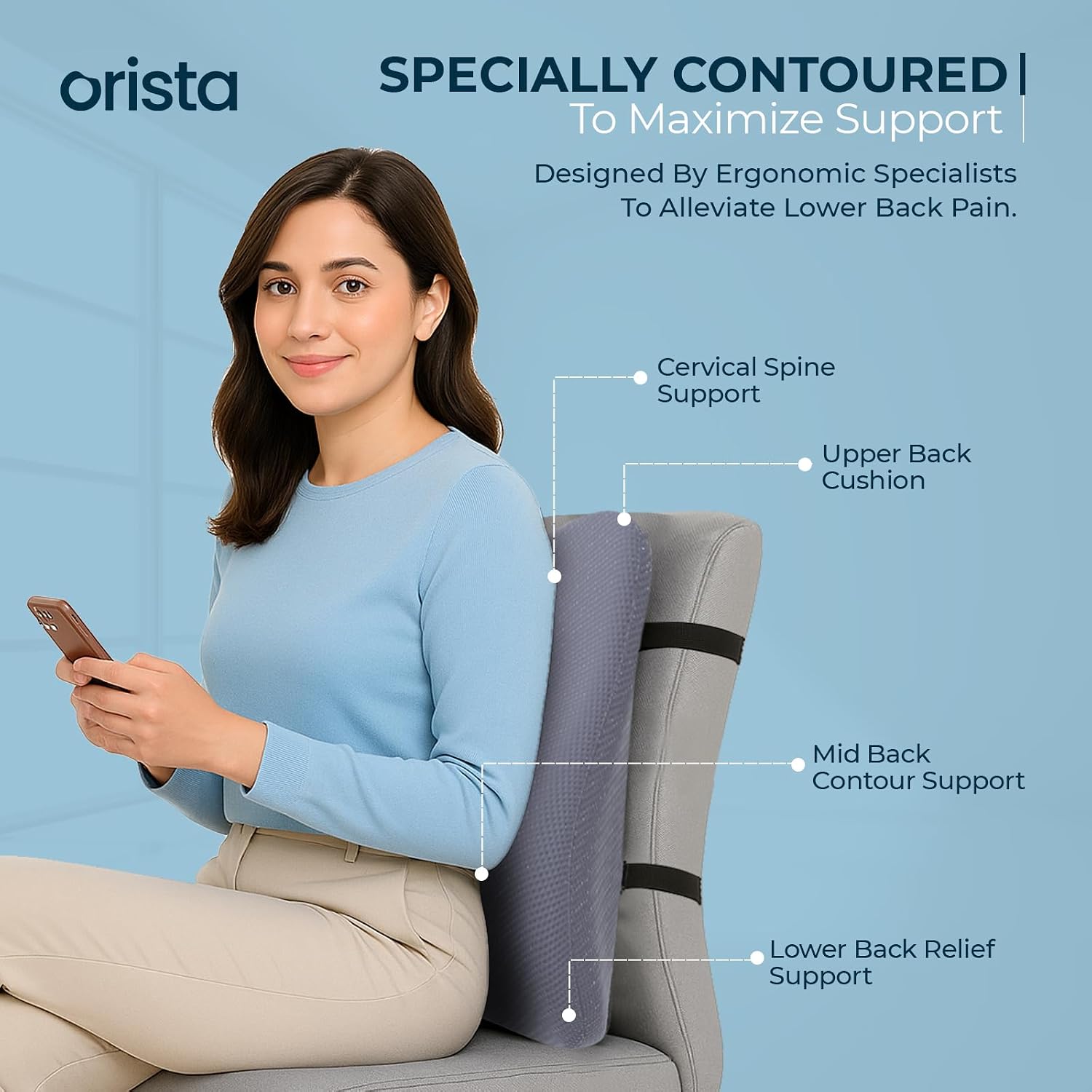 Advance Gel Blended Memory Foam Pillow, For Back Support, Greyish Blue Mesh | Orthopedic Lumbar Support, Back Pain Relief, Durable Back Pillow | For Office Chair & Home Use, Breathable