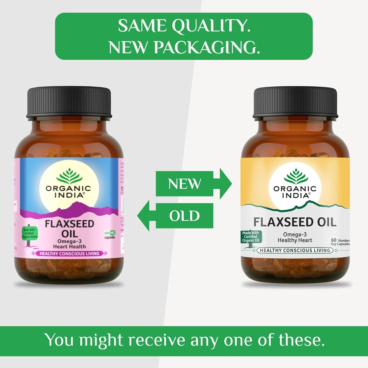 Organic India Flaxseed Oil Capsules, Helps Protect Heart & Brain Health | 60 Capsules 100gm 0.2lbs Each Pack Of 2