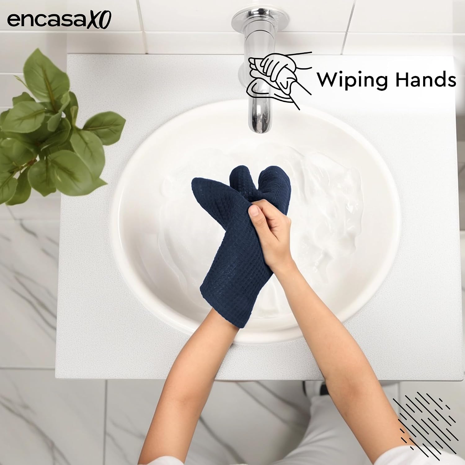 Encasa Xo Kitchen Hand Towels Set 150 Gsm | Waffle Weave & Flat Hand Towel | Quick Drying Reusable Cotton Washcloths | Set Of 6 (Navy Blue)