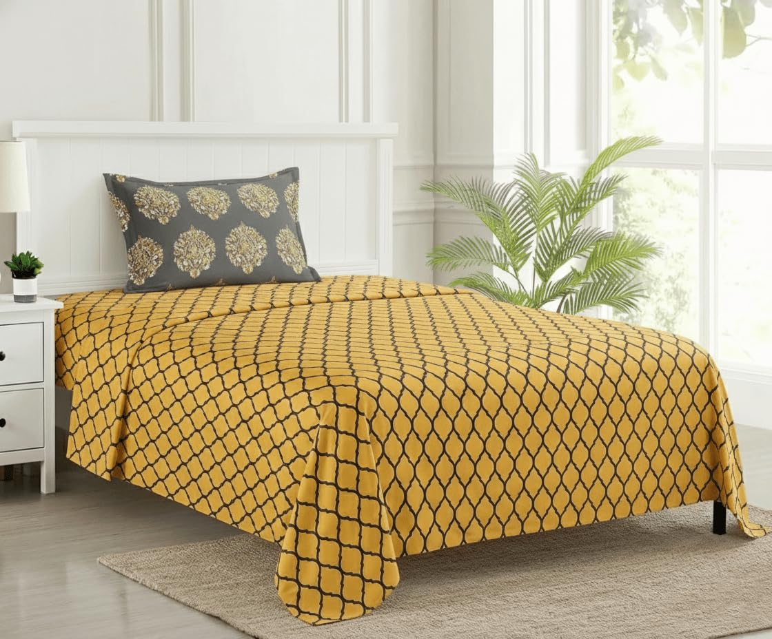 Cotton Printed Single Flat Bedsheet With 1 Pillow Cover - 60 X 100 Inches, Grey & Mustard | Breathable & Skin Friendly Bedsheet | Ideal For Year Round Use