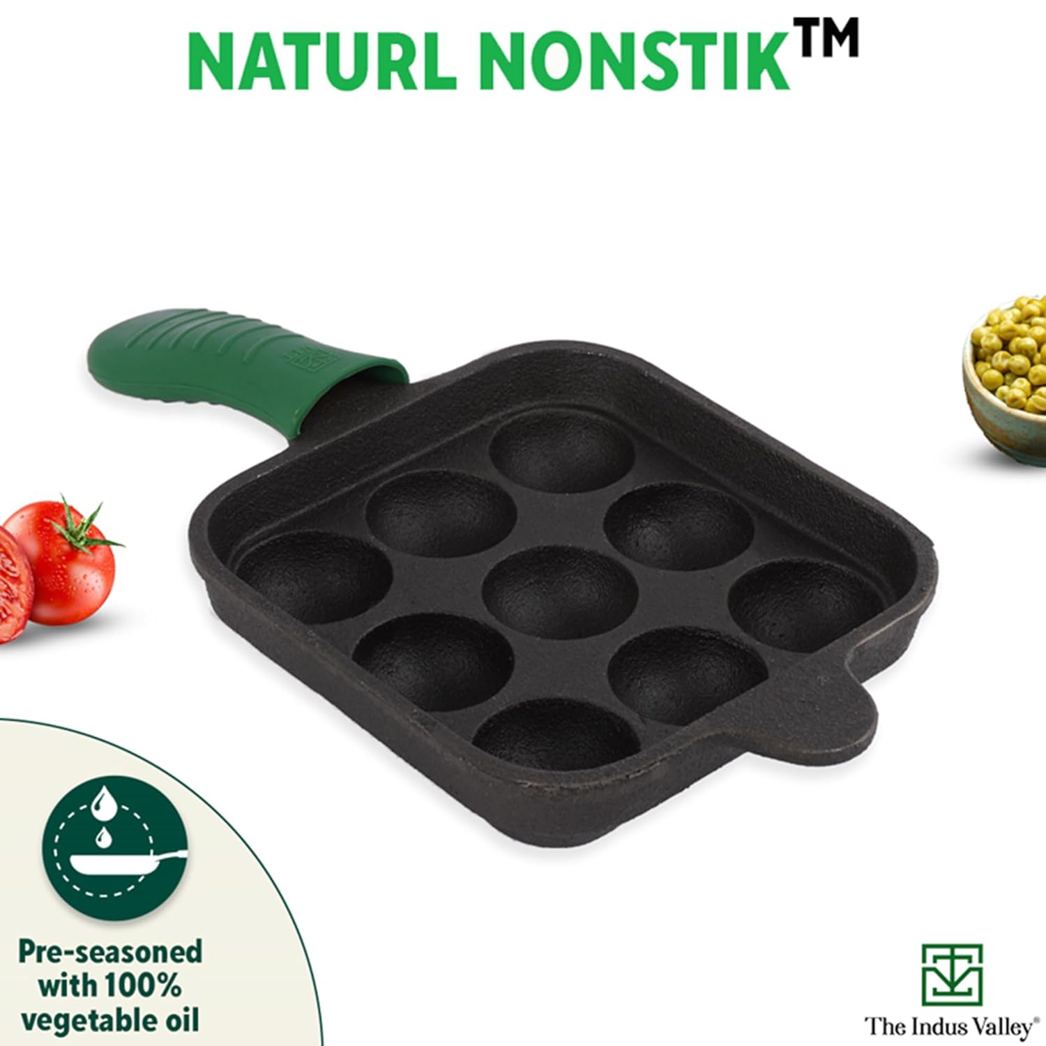 Super Smooth Black Cast Iron Square Paniyaram Pan With Silicon Grip - Small, 9 Pits, 18cm, 7.1 Inch, 2.4 Kg | Nonstick, Pre-Seasoned Appe Or Paddu Pan,100% Pure & Toxin-Free, No Chemical Coating