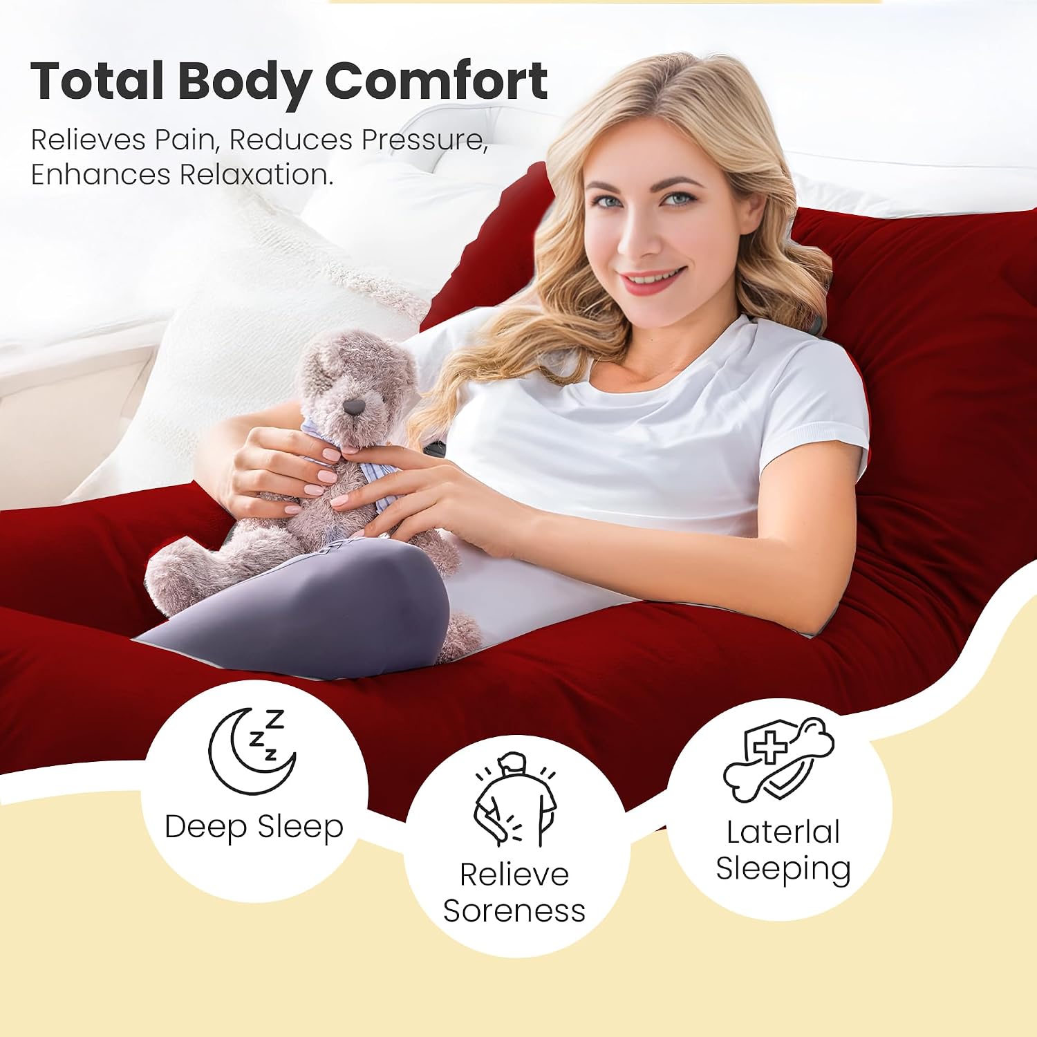 U Shape Full Body Pillow, Pregnancy Pillows For Sleeping, Maroon Color | Maternity Pillows For Back, Hips, Legs, Belly | For Pregnant Women With Removable, Washable Velvet Cover, Adjustable