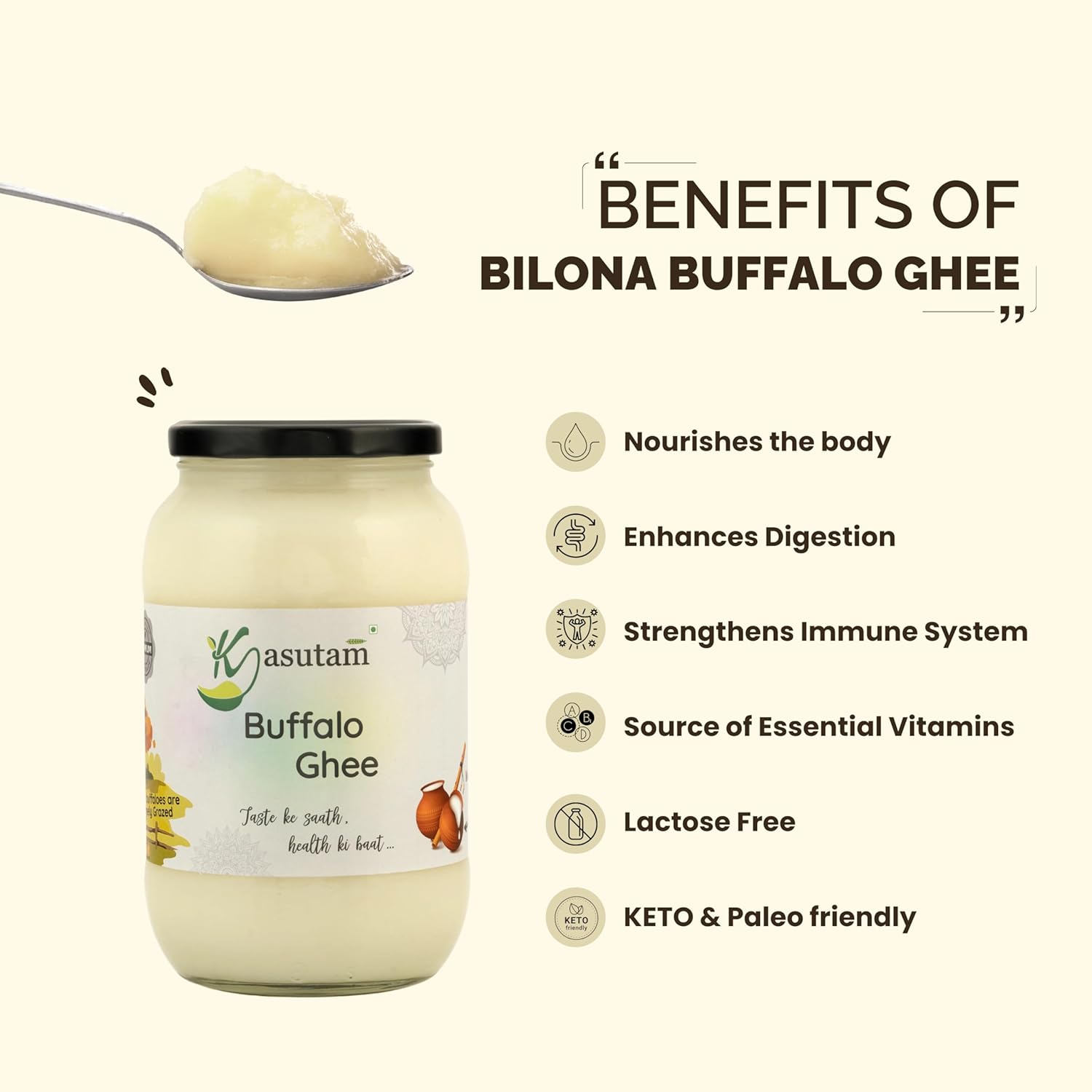100% Natural Buffalo Cow Ghee By Kasutam | High In Vitamins, Minerals Healthy Desi Cow Ghee Perfect For Enhances Taste | (500ml) 16.9 Ounce | Jar Pack