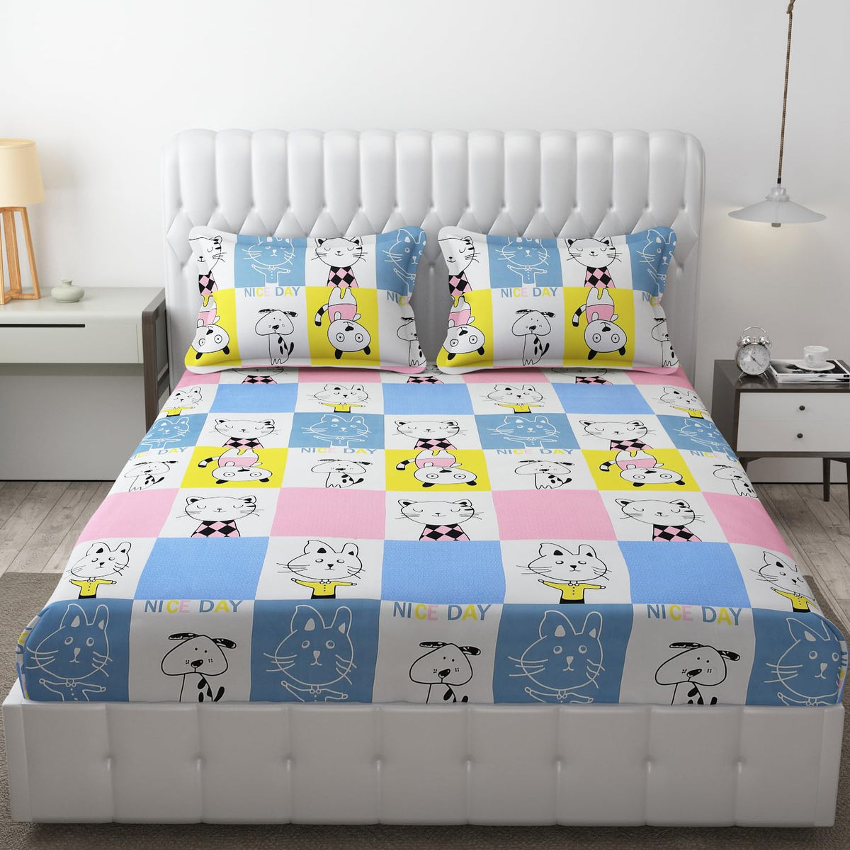 Wrinkle Free Soft Kids Double Bedsheets For King Size With 2 Pillow Cover | 90 X 95 Inches, Aqua & Pink | Cartoon Printed Design | Child Bedroom Decor