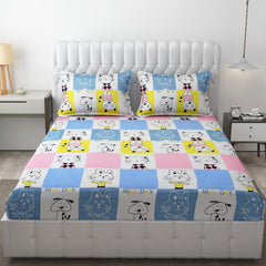 Wrinkle Free Soft Kids Double Bedsheets For King Size With 2 Pillow Cover | 90 X 95 Inches, Aqua & Pink | Cartoon Printed Design | Child Bedroom Decor