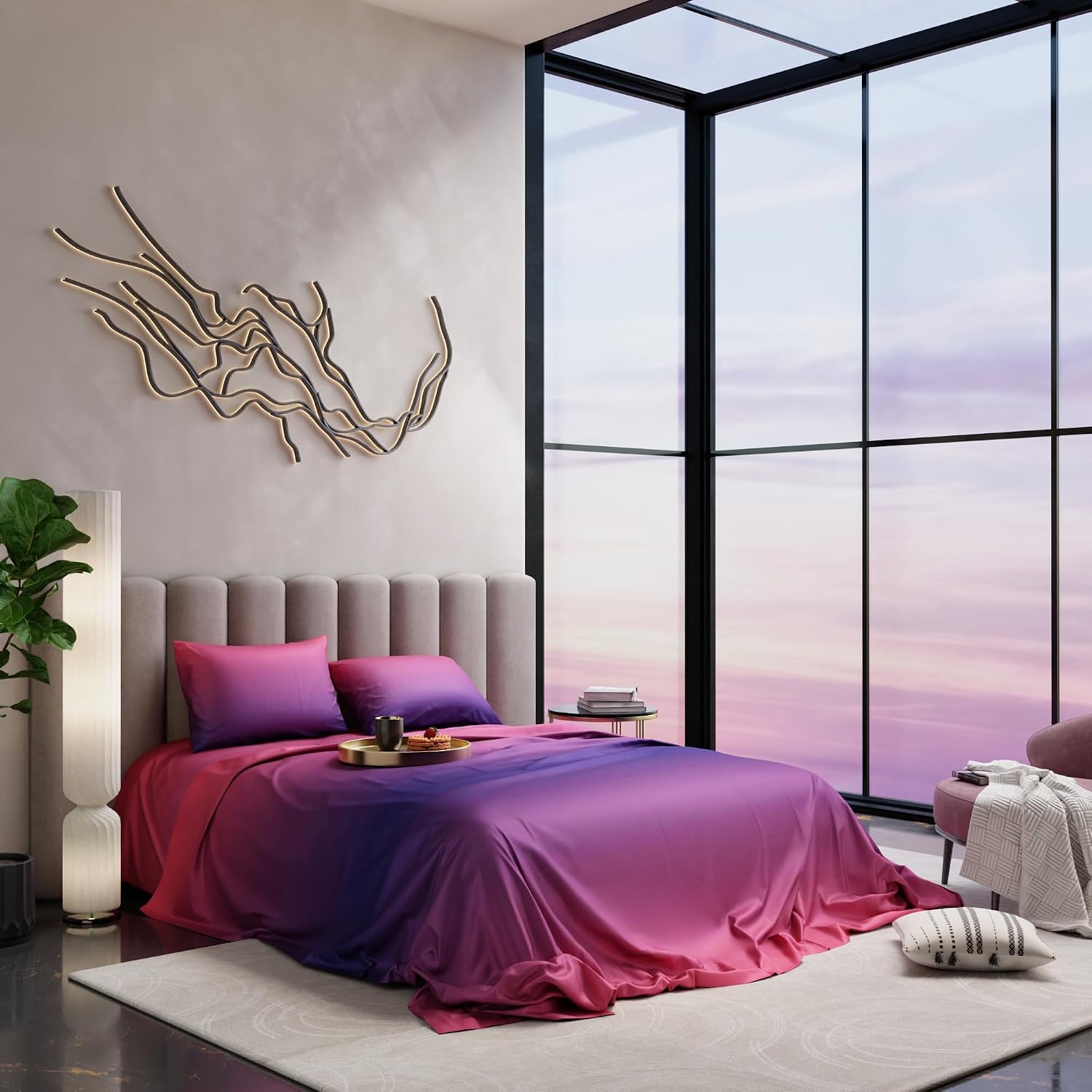 Bedsheet For Super King Size Bed With 2 Matching Pillow Cover - 108 X 108 Inches, Pink Indigo | Ideal For Healthy Skin & Hair | 100% Premium Fabric Is Lightweight, Soft & Comfortable