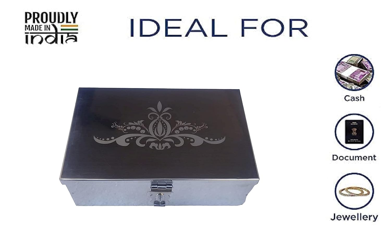 Stainless Steel Storage Boxes, Cash Peti, Pooja Peti, Organizer, Vanity Box, Safe Locker Box 8 Inch Storage Box W - 8", H - 2.50", L-5" Cash Box With Laser Print Design, Colour - Silver