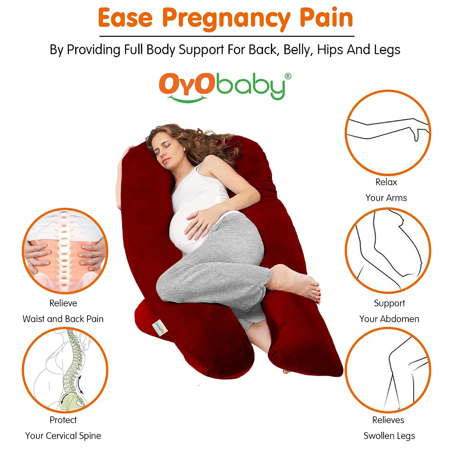 U-Shaped Pillow, Maternity Pillows For Pregnancy Sleeping, Full Body Support, Maroon | Maternity Pillow For Pregnant Women, Premium Velvet Cover, Washable, Multipurpose Pillow